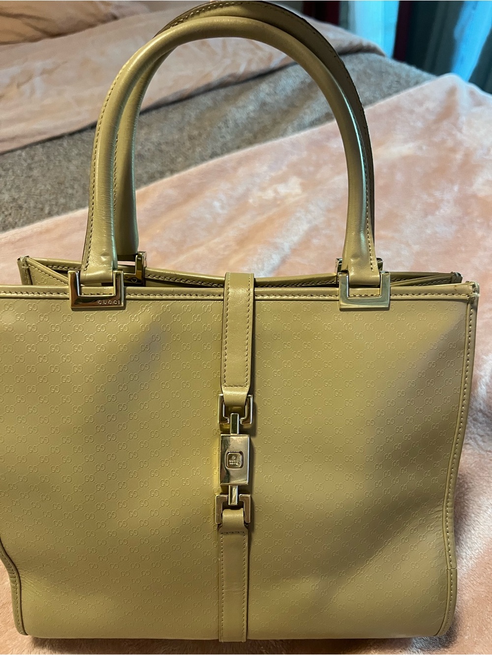 Authentic Vintage Gucci Jackie GG Embossed Leather Tote 002.1065 Olive Green